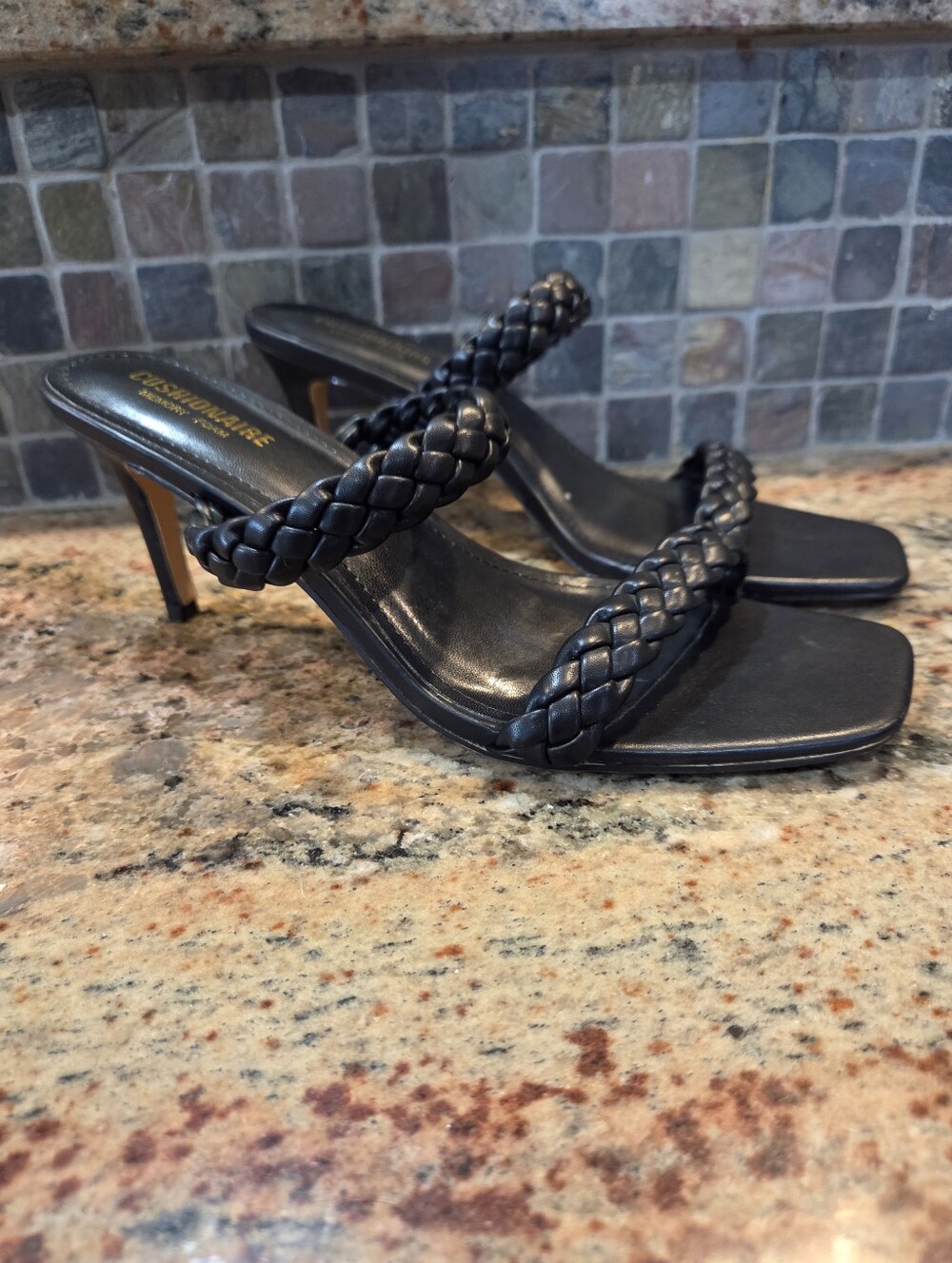 Cushionaire Pippa Faux Braided Strappy Sandals High Heels Square Toe Black 9.5